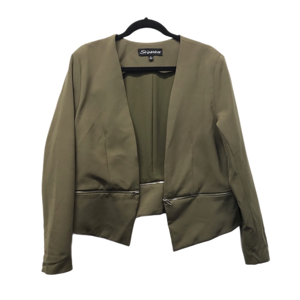 Shinestar Women's Blazer Plus Size 1X Army Green Open Front Lined Zipper Detail.